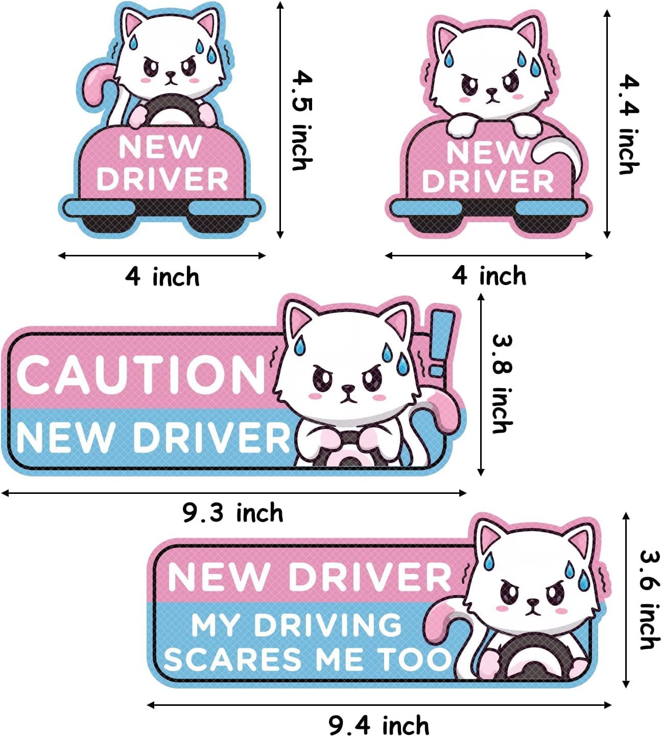 W1Cwey 4Pcs Cartoon Cat Student Driver Car Magnet, Cute New Driver Sign For Car Cartoon Reflective Student Driver Car Magnet Sticker Gift For Teen Reusable Car Bumper Safety Sign(Nervous Cat Patterns)
